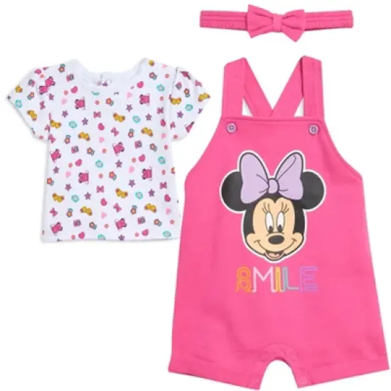 Disney Minnie Mouse Baby Girls French Terry Short Overalls T-Shirt and Headband 3 Piece Outfit Set Newborn to Toddler image {10}