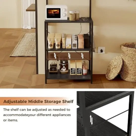 Kitchen Bakers Rack with Power Outlet, Microwave Stand, 4 Tiers Coffee Bar Station, Kitchen Storage Shelf w/Hooks, Rack for Spices, Pots Pans image {2}