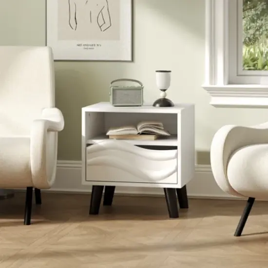 Tangkula Nightstand w/ Drawer 3D Wavy Pattern & Open Shelf Small Sofa Couch Side Table image {2}