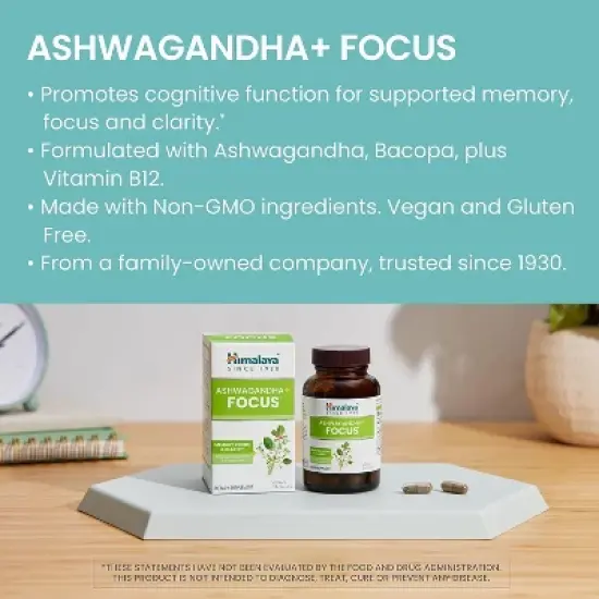 Himalaya Ashwagandha+ Focus with Ashwagandha, Bacopa, Rosemary & Green Tea for Memory, 60 Capsules, 1 Month Supply, Vegan, Gluten Free image {2}