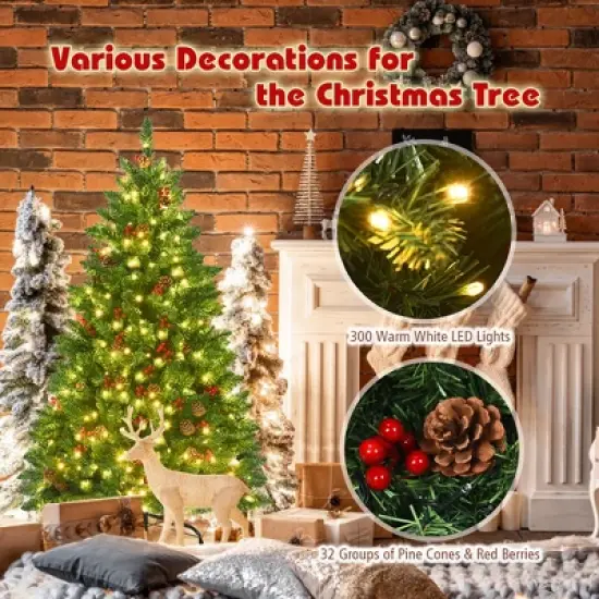 Costway 4.5Ft\6.5Ft\7.5Ft Pre-lit Hinged Christmas Tree w/ Pine Cones Red Berries and 300\450\450 LED Lights image {7}