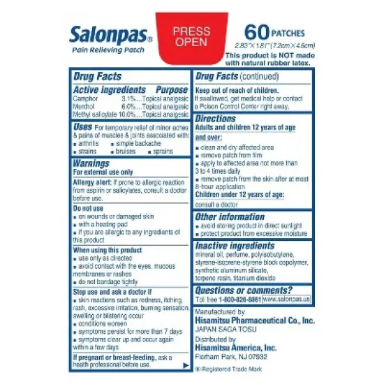 Salonpas Pain Relieving Patch - 8 Hour Pain Relief - 60ct image {1}