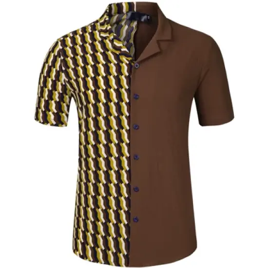 Lars Amadeus Men's Irregular Printed Summer Short Sleeve Button Down Hawaiian Camp Collar Patchwork Shirt image {1}