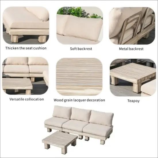 Moda Furnishings 3-person Outdoor Patio Aluminum Wood Grain Seating Group With Beige Cushions image {7}