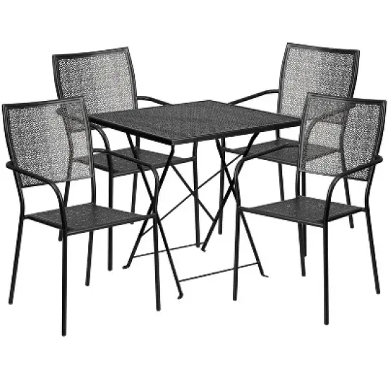 Emma and Oliver Commercial 28" Square Metal Folding Patio Table Set w/ 4 Square Back Chairs image {6}