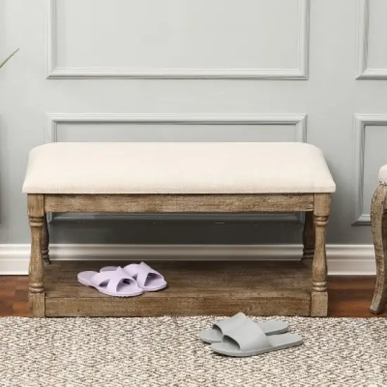 LuxenHome Upholstered Beige Linen Entryway and Bedroom Bench. image {4}