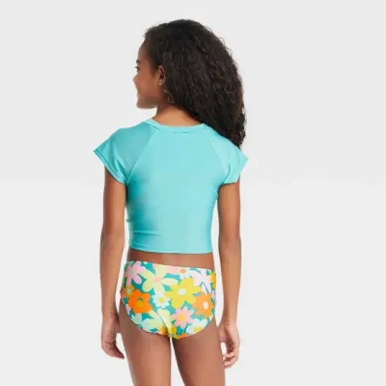 Girls' 3pc Spring Blooms Swimwear Set - Cat & Jack&trade; Light Aqua Blue image {3}