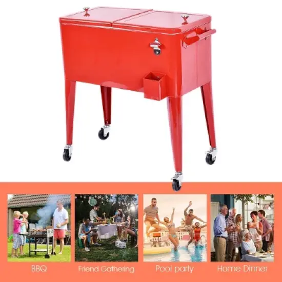 Costway Red Outdoor Patio 80 Quart Cooler Cart Ice Beer Beverage Chest Party Portable image {4}