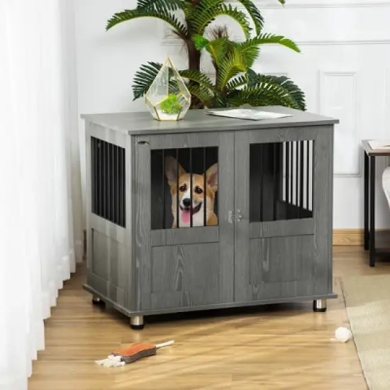 PawHut Dog Crate Furniture, Wooden End Table Furniture with Cushion & Lockable Magnetic Doors, Small Size Pet Kennel Indoor Animal Cage image {1}