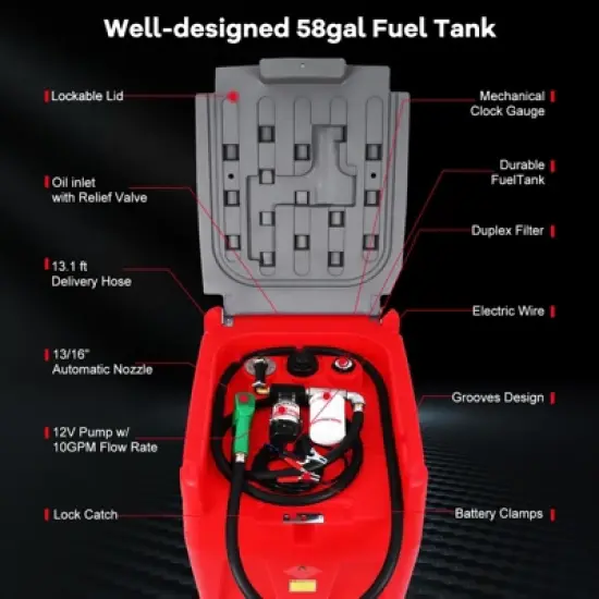 58 Gallon Portable Diesel Fuel Tank with 12v Electric Transfer Pump (10 GPM Flow), 13.1Ft Hose, Auto Nozzle & 360&iexcl;&atilde; Swivel Connector image {7}