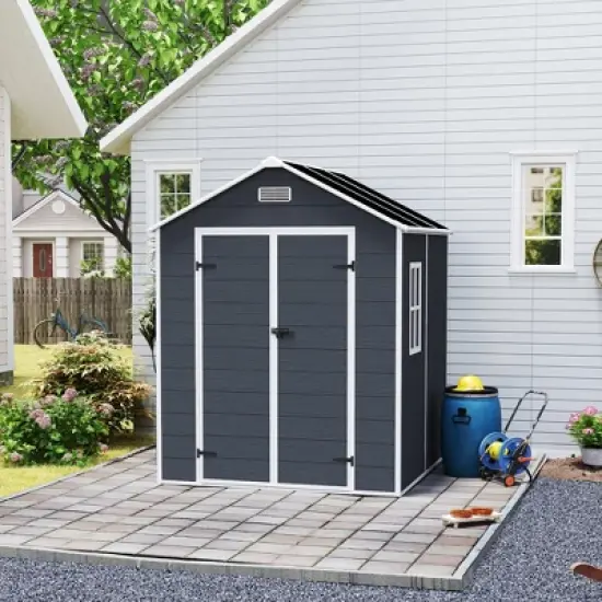6*6ft resin storage shed, high quality pp material, rust and UV proof, large storage space, 12mm thick pp board, HD window lighting Dark gray image {16}