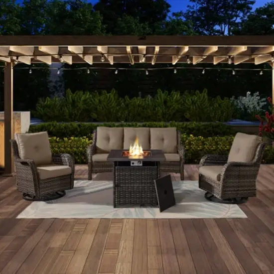 4PCS Patio Furniture Set with Fire Pit Table, Weather-Resistant Wicker Patio Fire Pit Set with Sofa, Swivel Patio Chair and 50000BTU Propane Fire Pit image {18}