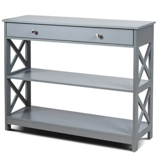 Costway 3-Tier Console Table X-Design Sofa Entryway Table with Drawer & Shelves Gray\ Espresso image {13}