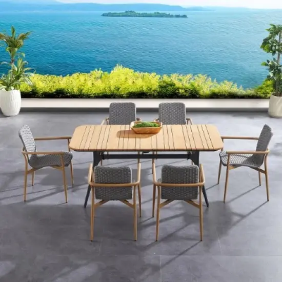 Planked Wood & Textured Weave 6Piece Outdoor Dining Set Metal Frame Table & Angled Stool Seats for Backyard image {5}