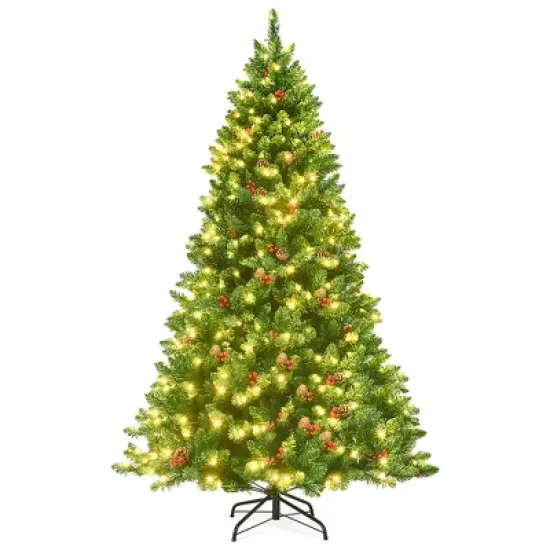 Costway 4.5Ft\6.5Ft\7.5Ft Pre-lit Hinged Christmas Tree w/ Pine Cones Red Berries and 300\450\450 LED Lights image {10}
