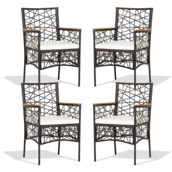 Costway 4pcs PE Wicker Patio Bistro Chairs Acacia Wood Armrests w/ Cushions Outdoor image {2}