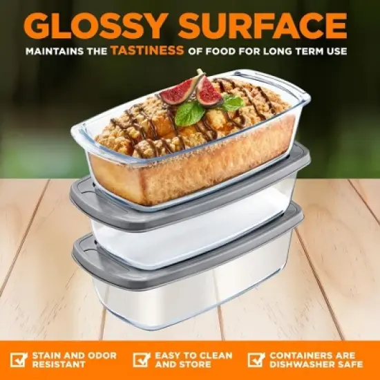 NutriChef 3 Sets High Borosilicate Glass Loaf Pan with Cover - Grip Handles for Easy Carry from Hot Oven To Table, BPA-Free image {3}