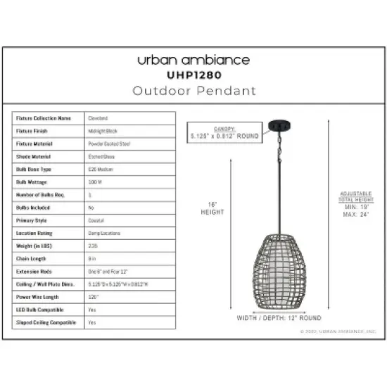 Urban Ambiance Luxury Bohemian Outdoor Pendant 16''H x 12''W,  Midnight Black Finish,  Cleveland Collection, UHP1280 image {2}