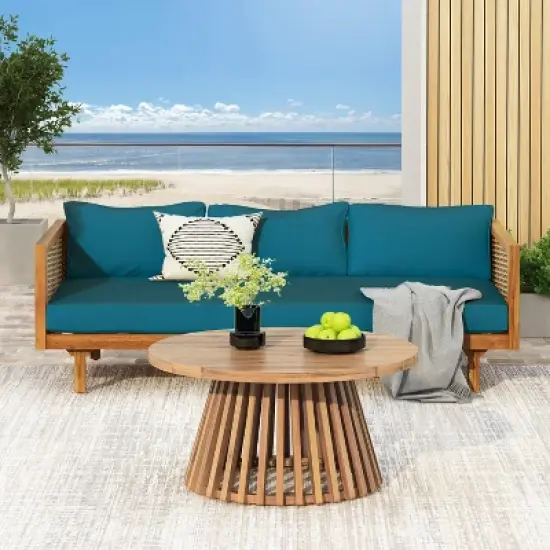 FIONECA Claremont 3-Seater Patio Daybed with Blue Cushions and Acacia Wood Coffee Table &uml;C Outdoor Furniture Set image {14}
