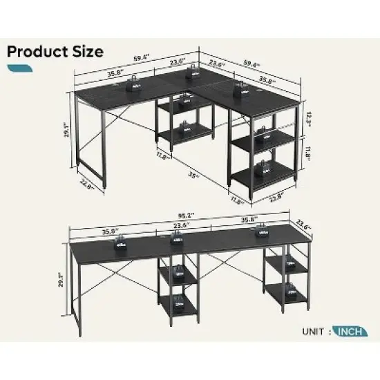 Bestier 59''L Shaped Gaming Desk with 4 Tier Adjustable Shelves,Reversible Corner Computer Desk,95"double desk for 2 person Home Office image {3}