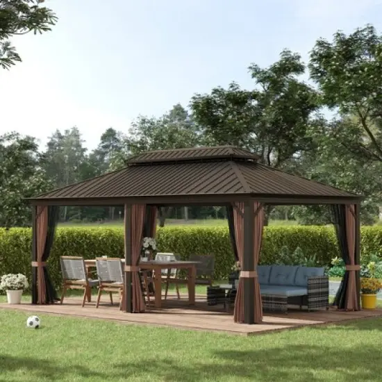 Outsunny Patio Gazebo 12' x 20', Netting & Curtains, 2 Tier Double Vented Steel Roof, Hardtop, Ceiling Hooks, Rust Proof Aluminum, Brown image {2}