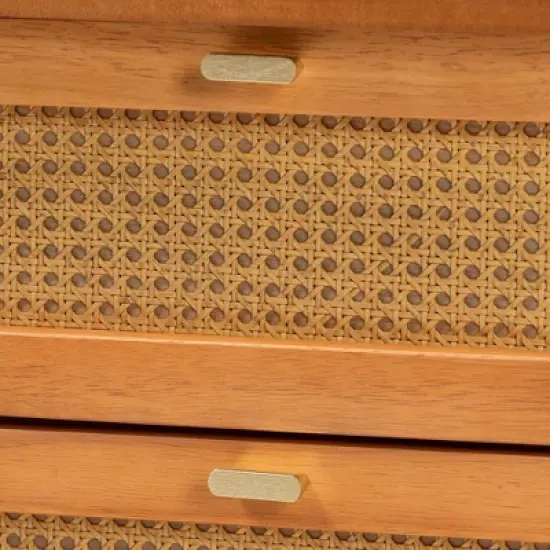 Baxton Studio Jenn Wood 2 Drawer Nightstand with Distressed Finished Rattan Golden Brown/Distressed Rattan image {4}