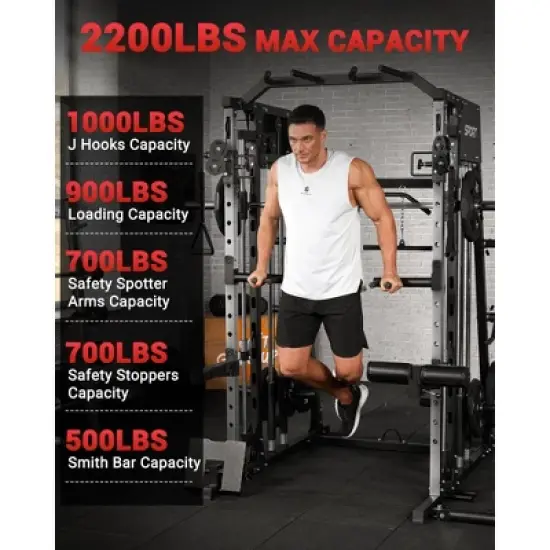 Smith Machine, 2200lbs Power Rack with Smith Bar, Cable Crossover Machine for Home Gym, Multifunctional Smith Machine with LAT Pulldown System image {5}
