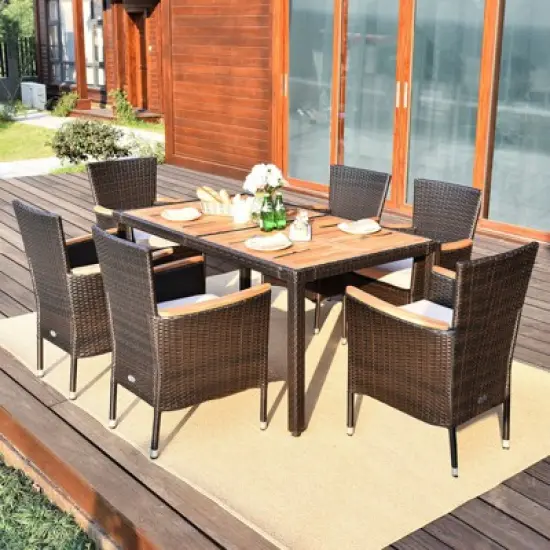 Tangkula 7pcs Patio Rattan Dining Set 6 Stackable Cushioned Chairs Patio image {4}