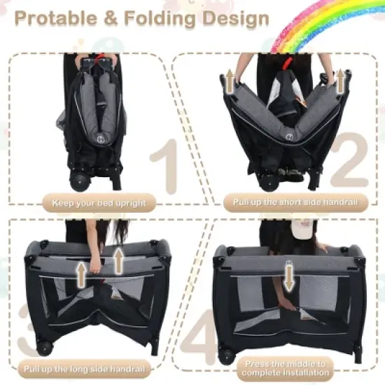 Kinder King 4-in-1 Convertible Baby Playard with Bassinet, Diaper Changer, Cradle&Bedside Sleeper, Breathable Mesh, Storage Organizer&Lockable Wheels image {9}