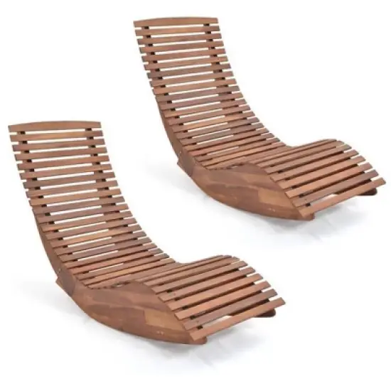Tangkula Set of 2 Acacia Wood Patio Chaise Lounge Chair Outdoor Rocking Chair w/ Slatted Design image {10}