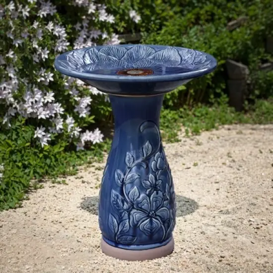 LuxenHome 22" Elegant Tall Ceramic Bird Bath for Outside with Floral Pattern, Deep Blue image {3}