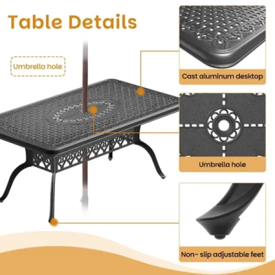 7-Piece Patio Set: Rectangle Table & 6 Chairs - Cast Aluminum, All-Weather w/  Umbrella Hole & Adjustable Legs for Balcony/Backyard image {5}