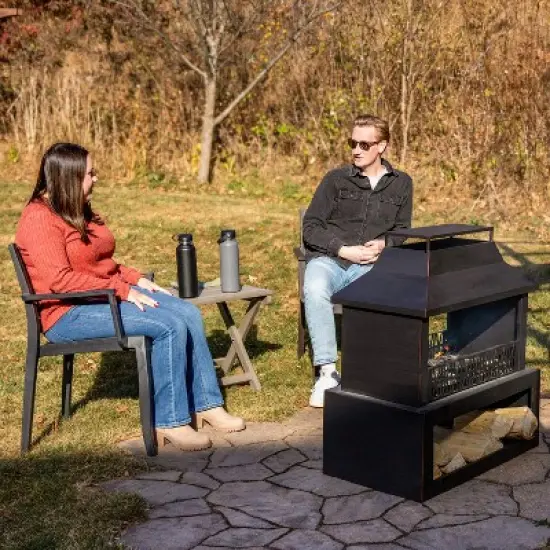 Sunnydaze Backyard Blaze Heavy-Duty Steel Outdoor Fireplace - Built-In Log Storage and Protective Cover - 35-Inch H - Brushed Bronze image {10}