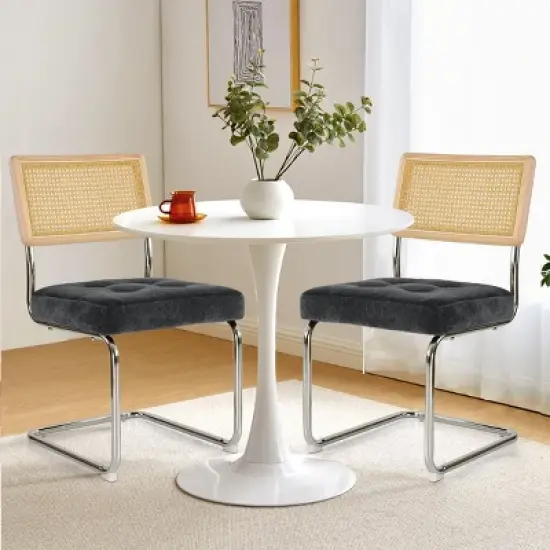 Set of 2 Kylie 20.5" Wider Flannel Upholstered Tufted Seat With Metal Chrome Legs and Woven Rattan Backrest Dining Chairs - The Pop Maison image {10}