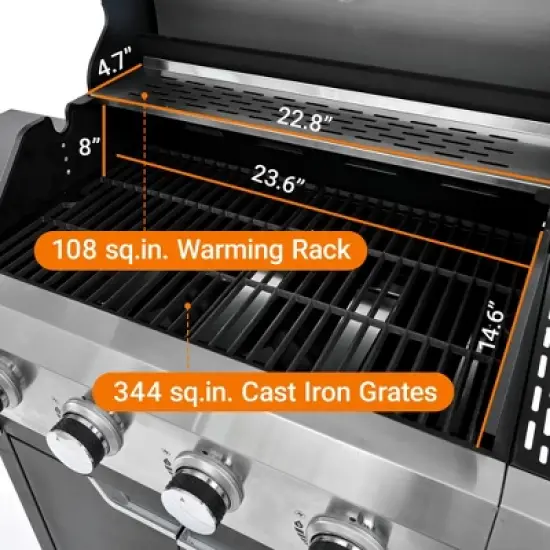 4-Burner Propane Gas Grill in Stainless Steel with Side Burner, Condiment Rack and Built-in Thermometer with Grill Cover image {6}