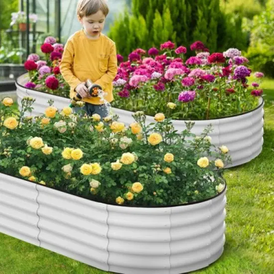 Raised Garden Bed Galvanized Steel - 8x2ft Large Outdoor Planter Box Kit with Wave Design, Open Base & Durable Frame, White image {5}