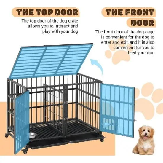 Heavy Duty Dog Crate - Steel Escape-Proof Kennel with Divider & Wheels, Double Door Pet Cage for Large/Medium Dogs image {3}