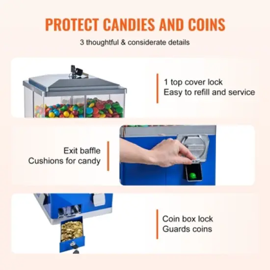 VEVOR Commercial Vending Machine, Four Compartment Rotatable Gumball and Candy Dispenser, Adjustable Height Coin Operated Candy Bank, Blue image {5}