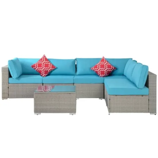 7pc Wicker Patio Conversation Set with Pillows & Cushion - Gray/Blue - GODEER image {3}