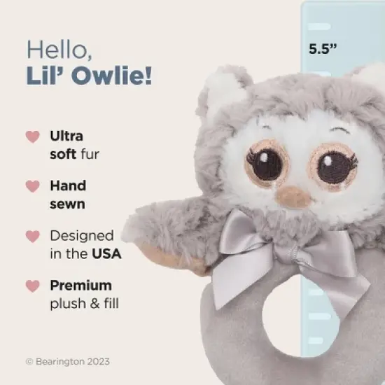 Bearington Baby Lil' Owlie Plush Stuffed Animal Gray Owl Soft Ring Rattle, 5.5" image {1}