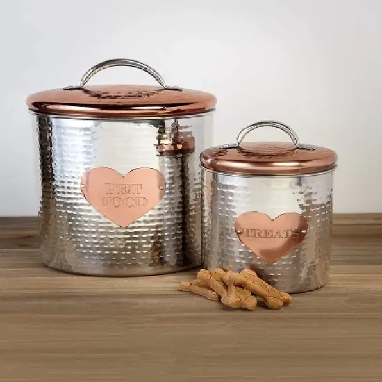 Amici Pet Rosie Silver/Rose Gold Metal Treats Canister 2 Size Set, Pet Food Storage Containers, Dog Food Jar with Lid,38 & 104 Ounce image {1}