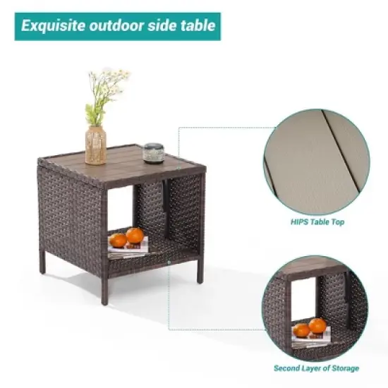 Sonkuki Outdoor Patio Furniture, Square PE Rattan Wicker Side Table with Storage Shelf image {7}