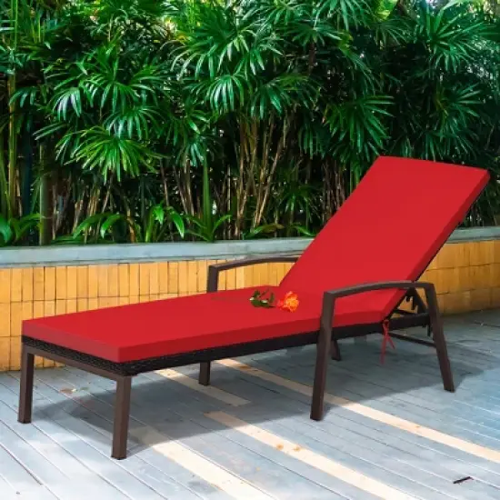 Costway Patio Rattan Lounge Chair Chaise Recliner Back Adjustable Cushioned Outdoor Red image {3}