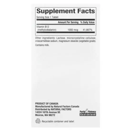 Natural Factors B12, Methylcobalamin, 1,000 mcg, 90 Chewable Tablets image {1}