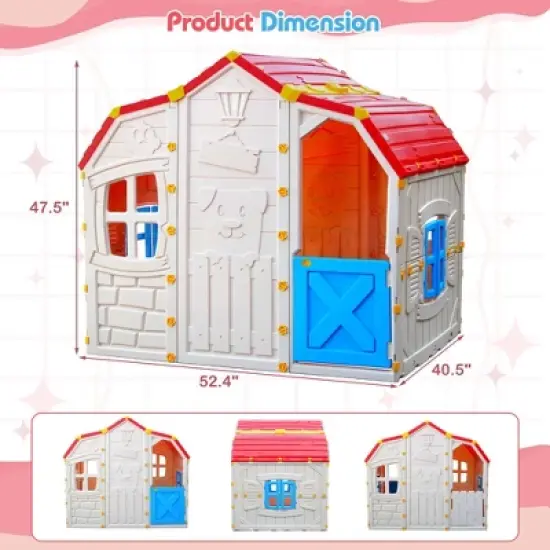 Costway Kids Playhouse Realistic Cottage Playhouse with Openable Windows & Working Door image {2}