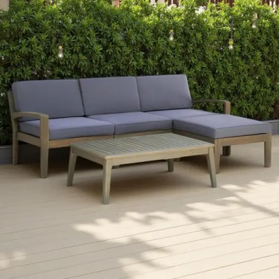 78" Outdoor Patio L-Shaped Acacia Wood Sectional Sofa Set with Coffee Table and Ottoman image {12}