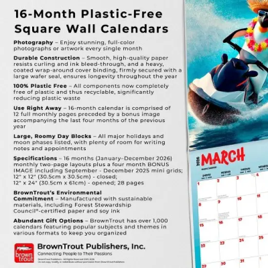 BrownTrout 2026 Penguin Party 12"x24" Hanging Square Wall Calendar Plastic-Free image {5}