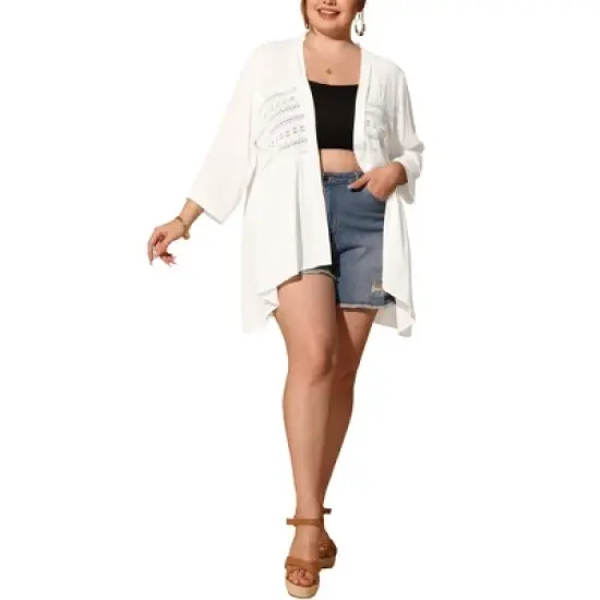 Agnes Orinda Women's Plus Size 3/4 Sleeve Lace Panel High-Low Hem Trendy Beach Cardigans image {1}