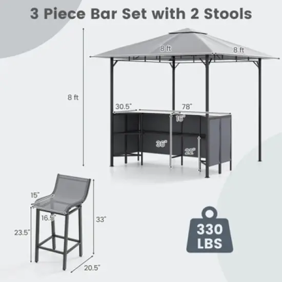 Costway 3 PCS Patio Bar Set with  2 Bar Stools Tempered Glass Bar Table Storage Shelf image {2}