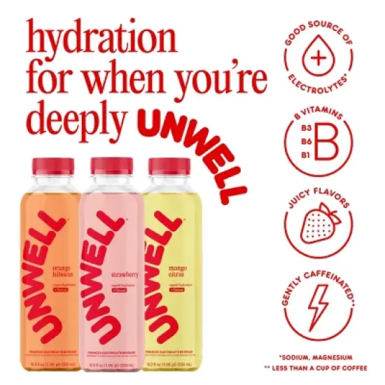 Unwell Strawberry Hydration Electrolyte Drink for Rapid Hydration + Focus - 16.9 fl oz Bottle image {3}